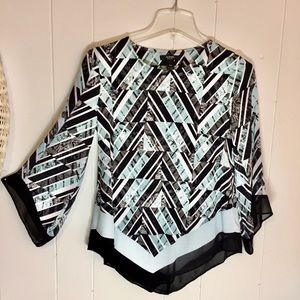 Alfani Blouse Women’s Petite S Geometric Print 3/4 Sleeve Mint Green Black